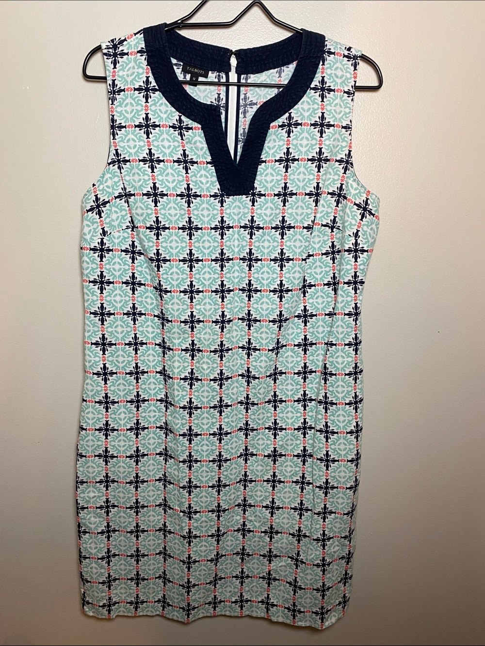 Talbots Mint Coral and Navy Geometric Sleeveless Shift Dress Linen